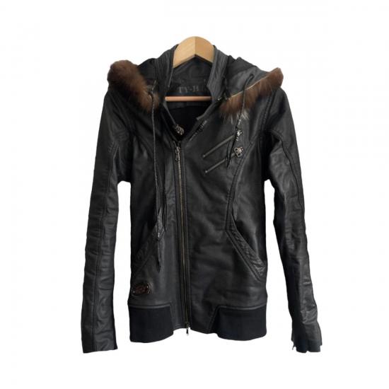 14th Addiction Fur Hoodie Black Leather Jacket