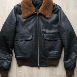 AMI Black Leather Aviator Shearling Collar Bomber Jacket AMI Black Leather Aviator Shearling Collar Bomber Jacket