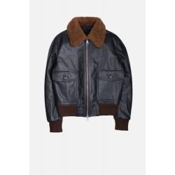 AMI Black Leather Aviator Shearling Collar Bomber Jacket