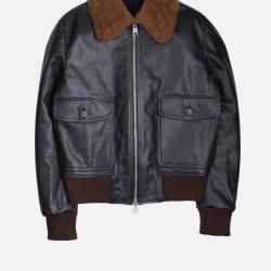 AMI Black Leather Aviator Shearling Collar Bomber Jacket AMI Black Leather Aviator Shearling Collar Bomber Jacket