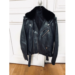 Acne Studios Akari Black Leather Biker Jacket with Fur Collar