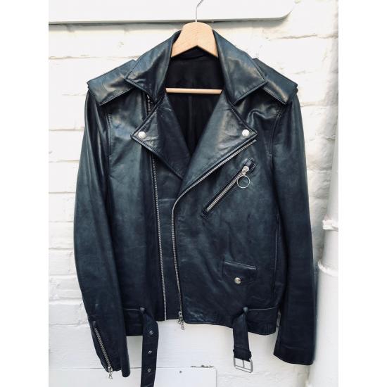 Acne Studios Akari Black Leather Biker Jacket with Fur Collar
