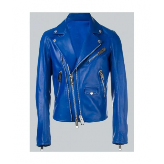 Adam Lambert Blue Leather Jacket