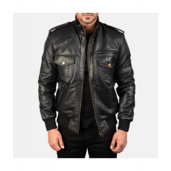 Agent Shadow Black Leather Bomber Jacket