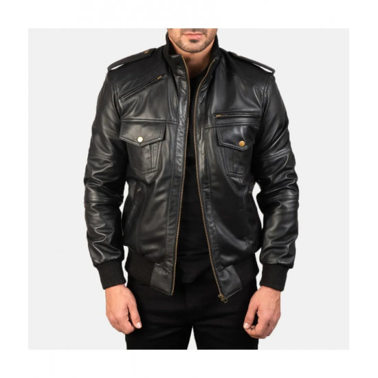 Agent Shadow Black Leather Bomber Jacket