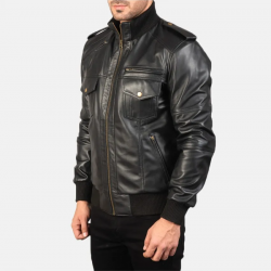 Agent Shadow Black Leather Bomber Jacket Agent Shadow Black Leather Bomber Jacket