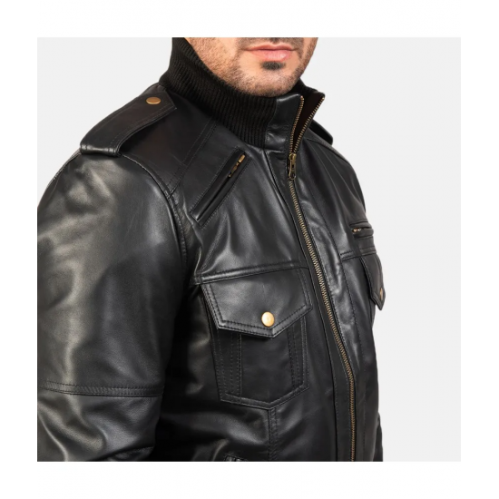 Agent Shadow Black Leather Bomber Jacket