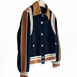 Alicia Vikander Irma Vep Mira Varsity Wool Black and Brown Jacket Alicia Vikander Irma Vep Mira Varsity Wool Black and Brown Jacket
