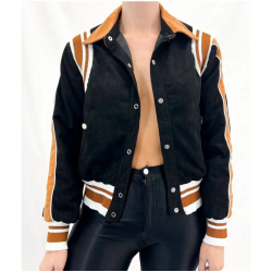 Alicia Vikander Irma Vep Mira Varsity Wool Black and Brown Jacket