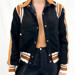 Alicia Vikander Irma Vep Mira Varsity Wool Black and Brown Jacket Alicia Vikander Irma Vep Mira Varsity Wool Black and Brown Jacket