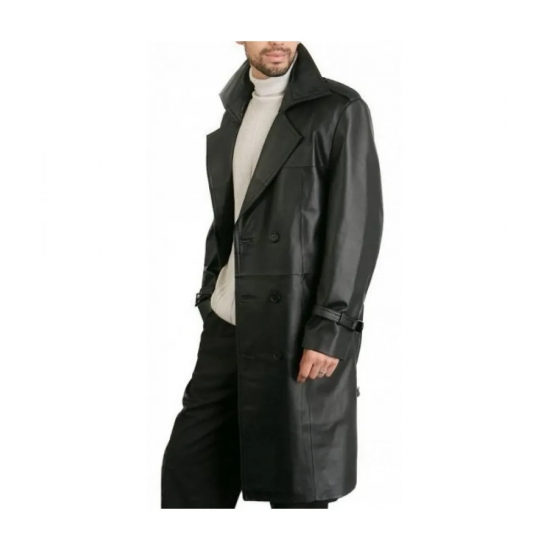 Augusta Guys Black Double Breasted Leather Overcoat