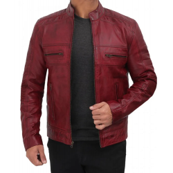 Austin Maroon Distressed Café Racer Leather Jacket Men's