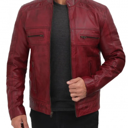 Austin Maroon Distressed Café Racer Leather Jacket Men's Austin Maroon Distressed Café Racer Leather Jacket Men's