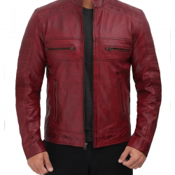 Austin Maroon Distressed Café Racer Leather Jacket Men's Austin Maroon Distressed Café Racer Leather Jacket Men's