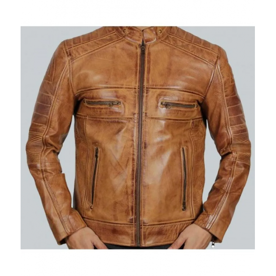 Austin Mens Cafe Racer Lambskin Tan Leather Jacket