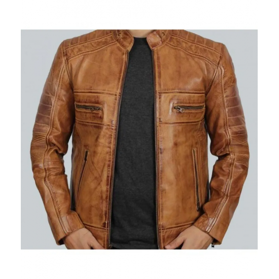 Austin Mens Cafe Racer Lambskin Tan Leather Jacket