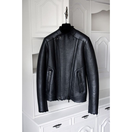 Balmain Men's Black Leather Shearling Biker Jacket