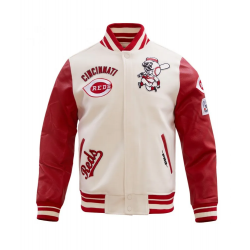 Wool Leather Cincinnati Reds Beige & Red Varsity Jacket