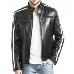 Biker Men’s White Stripes Black Leather Jacket