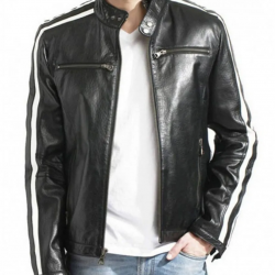 Biker Men’s White Stripes Black Leather Jacket Biker Men’s White Stripes Black Leather Jacket