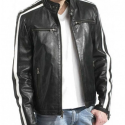 Biker Men’s White Stripes Black Leather Jacket Biker Men’s White Stripes Black Leather Jacket