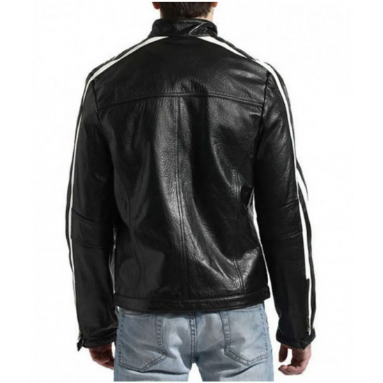 Biker Men’s White Stripes Black Leather Jacket