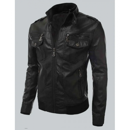 Bomber Mens Slim Fit Black Biker Jacket