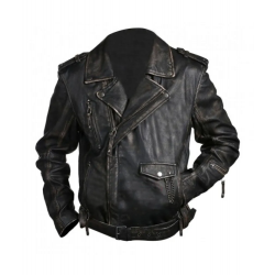 Brando Biker Vintage Cafe Racer Distressed Black Leather Jacket