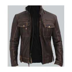 Brown Mens Distressed Leather Motorcycle Jacket