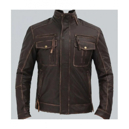 Brown Mens Distressed Leather Motorcycle Jacket