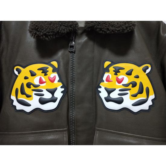 Brown Tiger Patch Leather Bomber Jacket Vintage Inspired Statement Piece