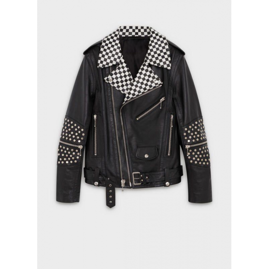 Celine × Hedi Slimane Checkered Studded Leather Biker Jacket