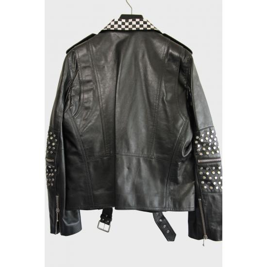 Celine × Hedi Slimane Checkered Studded Leather Biker Jacket