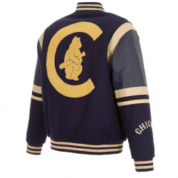 Chicago Cubs Embroidered Logo Varsity Navy Wool & Leather Jacket Chicago Cubs Embroidered Logo Varsity Navy Wool & Leather Jacket
