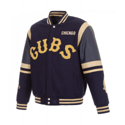 Chicago Cubs Embroidered Logo Varsity Navy Wool & Leather Jacket