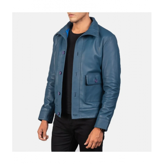 Columbus Blue Leather Bomber Jacket
