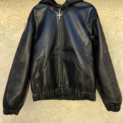 Curse Black Leather Hooded Bomber Jacket Curse Black Leather Hooded Bomber Jacket
