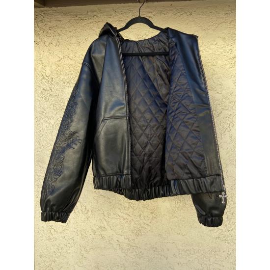 Curse Black Leather Hooded Bomber Jacket