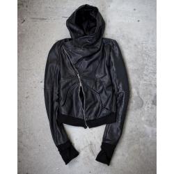 Ekam Lambskin Black Leather Asymmetrical Hooded Jacket 