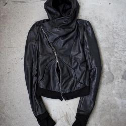Ekam Lambskin Black Leather Asymmetrical Hooded Jacket  Ekam Lambskin Black Leather Asymmetrical Hooded Jacket