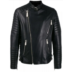 Men Padded Sleeves Black Biker Leather Jacket
