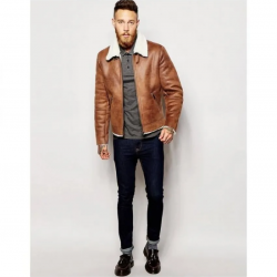 Mens Aviator Brown Leather Faux Shearling Jacket Mens Aviator Brown Leather Faux Shearling Jacket