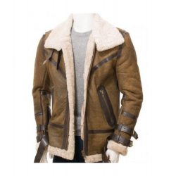 Mens Aviator Sheepskin Leather Faux Shearling Brown Jacket