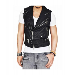 Mens Belted Asymmetrical Zipper Leather Vest