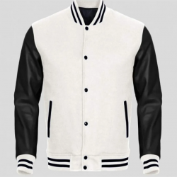 Men's Black Leather and White Wool Varsity Jacket Men's Black Leather and White Wool Varsity Jacket