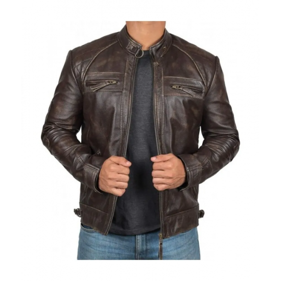 Mens Brown Genuine Lambskin Motorcycle Leather Jacket