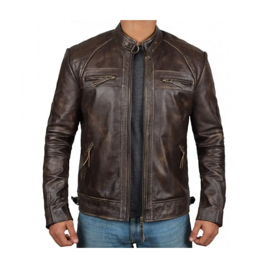 Mens Brown Genuine Lambskin Motorcycle Leather Jacket