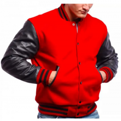 Mens Varsity Bomber Red Wool and Leather Jacket Mens Varsity Bomber Red Wool and Leather Jacket