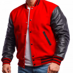 Mens Varsity Bomber Red Wool and Leather Jacket Mens Varsity Bomber Red Wool and Leather Jacket