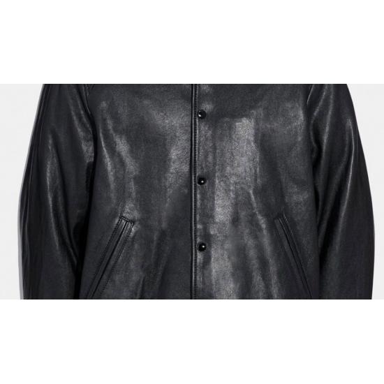 Mens Varsity Bomber Snap Tab Closure Black Leather Jacket
